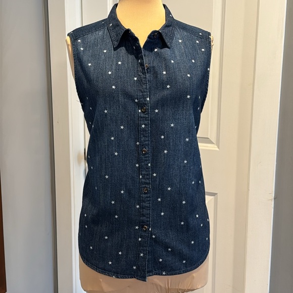 Universal Thread Blue chambray denim sleeveless stars print top XL 4th of July - Picture 7 of 11